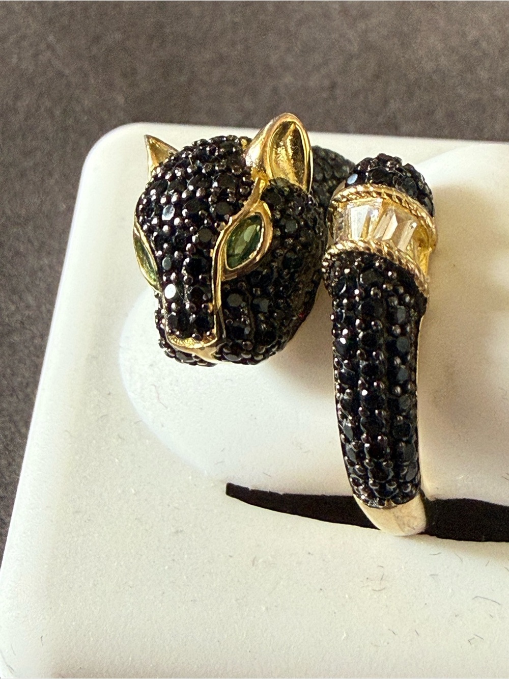 Sterling Silver 925 Gold Panther Ring with Black Pavé Stones and Green Eyes 6 - Picture 2 of 4